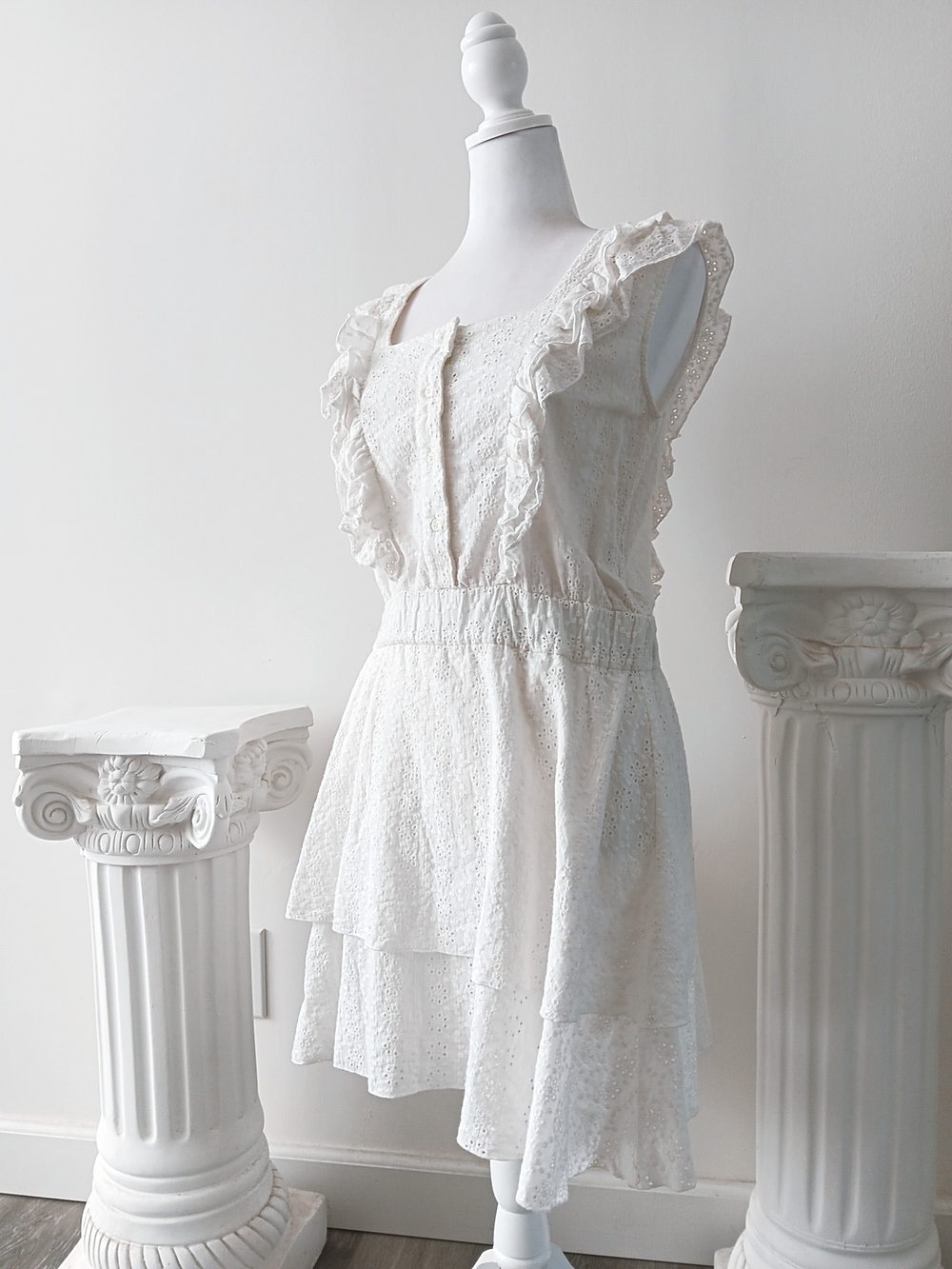The Shirt by Rochelle Behrens Ivory White Eyelet Cotton Apron Ruffled Mini Dress